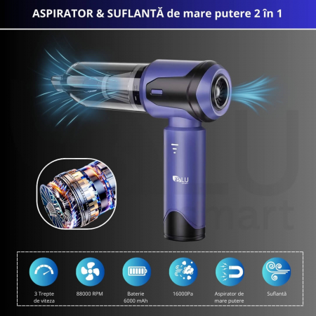 Aspirator Auto 4 in 1 Wireless iBLU Smart, Portabil, Putere 110W, Aspirare 16.000Pa, Motor Brushless, 3 Trepte de Viteza, Functie Suflanta 90000 RPM, 8 Accesorii pentru Aspirare Praf, Suflare si Vidare, Filtru Hepa Lavabil, Baterie 6000 mAh, Negru/Mov [1]