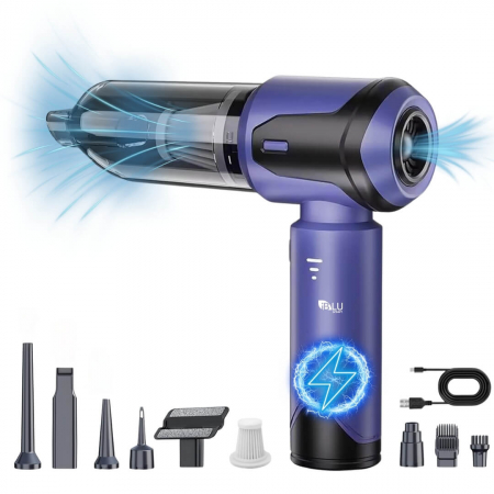 Aspiratoare și Suflante - Aspirator Auto 4 in 1 Wireless iBLU Smart, Portabil, Putere 110W, Aspirare 16.000Pa, Motor Brushless, 3 Trepte de Viteza, Functie Suflanta 90000 RPM, 8 Accesorii pentru Aspirare Praf, Suflare si Vidare, Filtru Hepa Lavabil, Baterie 6000 mAh, Negru/Mov