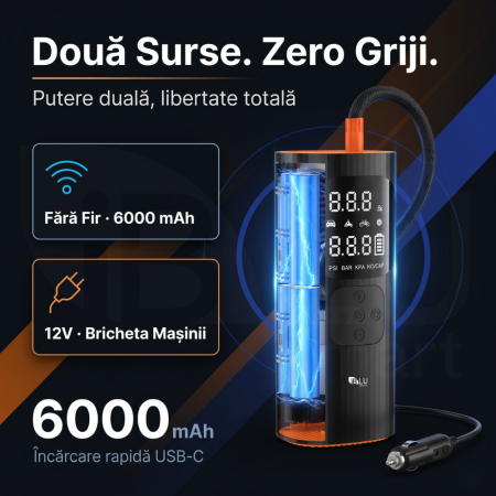 Compresor Auto Profesional Wireless iBLU smart, Portabil, Tehnologie Dublu-Cilindru pentru Umflare Rapida, 25L/min, 150 PSI, Auto-Off, Powerbank, Lanterna LED 3 Moduri, 5 Moduri Presetate pentru Auto, Moto, Biciclete, Mingi, Baterie 4000mAh, USB-C, Negru [4]