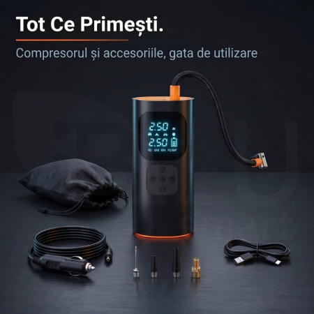 Compresor Auto Profesional Wireless iBLU smart, Portabil, Tehnologie Dublu-Cilindru pentru Umflare Rapida, 25L/min, 150 PSI, Auto-Off, Powerbank, Lanterna LED 3 Moduri, 5 Moduri Presetate pentru Auto, Moto, Biciclete, Mingi, Baterie 4000mAh, USB-C, Negru [7]