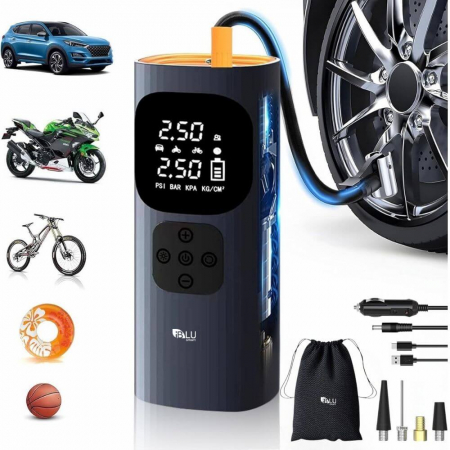 Toate Produsele - Compresor Auto Profesional Wireless iBLU smart, Portabil, Tehnologie Dublu-Cilindru pentru Umflare Rapida, 25L/min, 150 PSI, Auto-Off, Powerbank, Lanterna LED 3 Moduri, 5 Moduri Presetate pentru Auto, Moto, Biciclete, Mingi, Baterie 4000mAh, USB-C, Negru