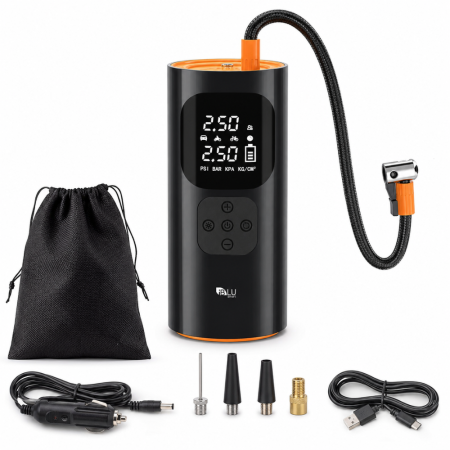 Compresoare Auto - Compresor Auto Profesional Wireless iBLU smart, Portabil, Tehnologie Dublu-Cilindru pentru Umflare Rapida, 25L/min, 150 PSI, Auto-Off, Powerbank, Lanterna LED 3 Moduri, 5 Moduri Presetate pentru Auto, Moto, Biciclete, Mingi, Baterie 4000mAh, USB-C, Negru