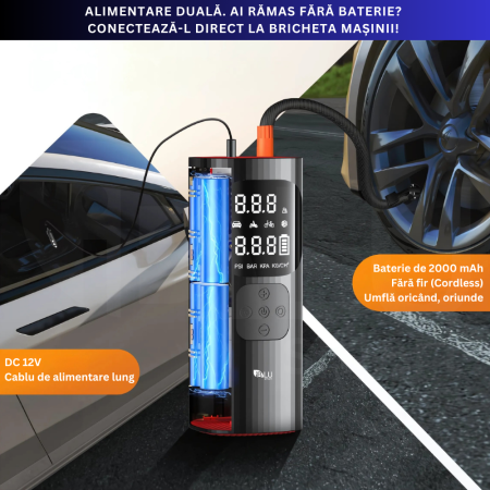 Compresor Auto Profesional Wireless iBLU smart, Portabil, Tehnologie Dublu-Cilindru pentru Umflare Rapida, 25L/min, 150 PSI, Auto-Off, Powerbank, Lanterna LED 3 Moduri, 5 Moduri Presetate pentru Auto, Moto, Biciclete, Mingi, Baterie 4000mAh, USB-C, Negru [1]