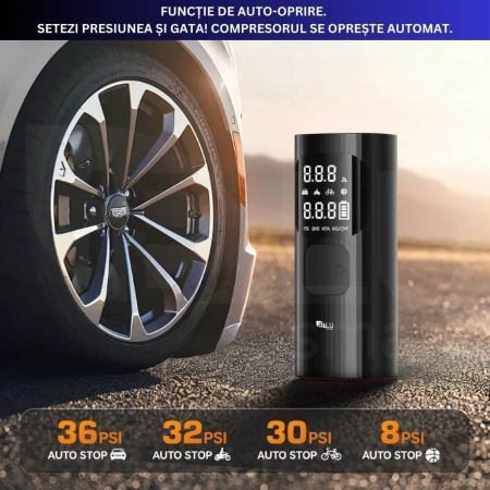 Compresor Auto Profesional Wireless iBLU smart, Portabil, Tehnologie Dublu-Cilindru pentru Umflare Rapida, 25L/min, 150 PSI, Auto-Off, Powerbank, Lanterna LED 3 Moduri, 5 Moduri Presetate pentru Auto, Moto, Biciclete, Mingi, Baterie 4000mAh, USB-C, Negru [7]