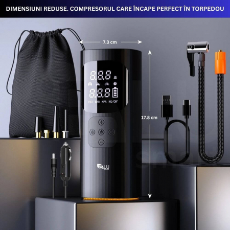 Compresor Auto Profesional Wireless iBLU smart, Portabil, Tehnologie Dublu-Cilindru pentru Umflare Rapida, 25L/min, 150 PSI, Auto-Off, Powerbank, Lanterna LED 3 Moduri, 5 Moduri Presetate pentru Auto, Moto, Biciclete, Mingi, Baterie 4000mAh, USB-C, Negru [8]