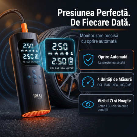 Compresor Auto Profesional Wireless iBLU smart, Portabil, Tehnologie Dublu-Cilindru pentru Umflare Rapida, 25L/min, 150 PSI, Auto-Off, Powerbank, Lanterna LED 3 Moduri, 5 Moduri Presetate pentru Auto, Moto, Biciclete, Mingi, Baterie 4000mAh, USB-C, Negru [3]