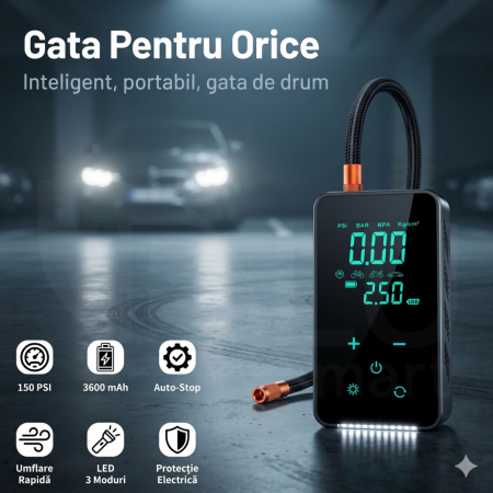 Compresor Auto Digital Portabil 6 în 1 cu Ecran LED Full-Touch, Multifuncțional [3]