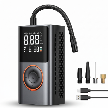Compresoare Auto - Compresor Auto Profesional Wireless iBLU smart, Portabil, Tehnologie Dublu-Cilindru pentru Umflare Rapida, 25L/min, 150 PSI, Auto-Off, Powerbank, Lanterna LED 3 Moduri, 5 Moduri Presetate pentru Auto, Moto, Biciclete, Mingi, Baterie 4000mAh, USB-C, Negru