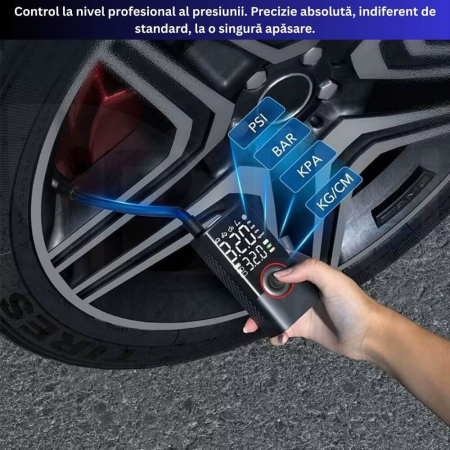 Compresor Auto Profesional Wireless iBLU smart, Portabil, Tehnologie Dublu-Cilindru pentru Umflare Rapida, 25L/min, 150 PSI, Auto-Off, Powerbank, Lanterna LED 3 Moduri, 5 Moduri Presetate pentru Auto, Moto, Biciclete, Mingi, Baterie 4000mAh, USB-C, Negru [10]