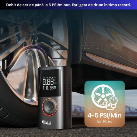 Compresor Auto Profesional Wireless iBLU smart, Portabil, Tehnologie Dublu-Cilindru pentru Umflare Rapida, 25L/min, 150 PSI, Auto-Off, Powerbank, Lanterna LED 3 Moduri, 5 Moduri Presetate pentru Auto, Moto, Biciclete, Mingi, Baterie 4000mAh, USB-C, Negru [1]