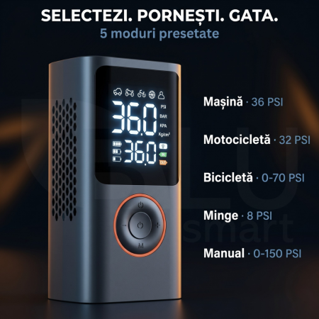 Compresor Auto Profesional Wireless iBLU smart, Portabil, Tehnologie Dublu-Cilindru pentru Umflare Rapida, 25L/min, 150 PSI, Auto-Off, Powerbank, Lanterna LED 3 Moduri, 5 Moduri Presetate pentru Auto, Moto, Biciclete, Mingi, Baterie 4000mAh, USB-C, Negru [3]