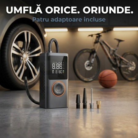 Compresor Auto Profesional Wireless iBLU smart, Portabil, Tehnologie Dublu-Cilindru pentru Umflare Rapida, 25L/min, 150 PSI, Auto-Off, Powerbank, Lanterna LED 3 Moduri, 5 Moduri Presetate pentru Auto, Moto, Biciclete, Mingi, Baterie 4000mAh, USB-C, Negru [1]