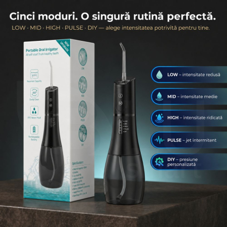 Irigator Oral Profesional pentru Duș Bucal cu Rezervor Detașabil, Portabil, 6 Capete, Negru [3]