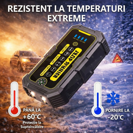 Starter Auto Portabil, 500A–1000A, 6000mAh, Power Bank, Lanternă LED, Protecție Anti-Scântei, Gri/Galben [4]