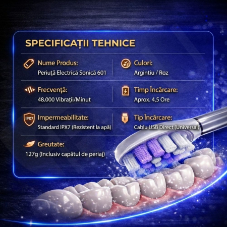 Periuță de Dinți Electrică iBLU smart™ PRO cu Funcție de Sterilizare UV, 5 Programe de Curățare, Motor Maglev 48.000 VPM cu Oscilație 60° (Tehnica Bass), Design Metalic Unibody, 6 Capete DuPont, Baterie 1200mAh, Argintiu [6]