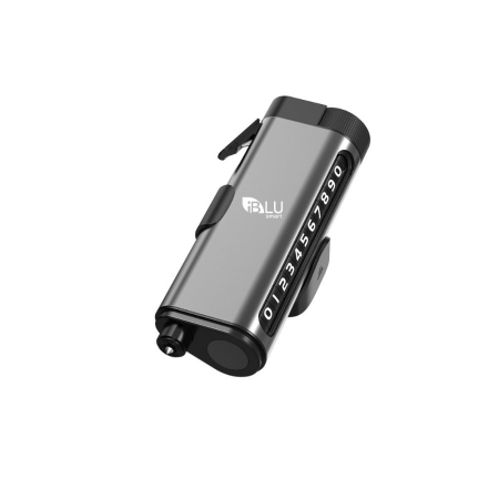 Accesorii Auto - Suport Număr Telefon Auto iBLU smart™ 3-în-1 cu Cifre Rotative (Rulou), Privacy Mode, Ciocan Urgență Tungsten cu Arc (Spargere geam lateral fără efort), Cutter Centură, Include Geam Testare, Aluminiu, Rezistent la temperaturi înalte, Negru