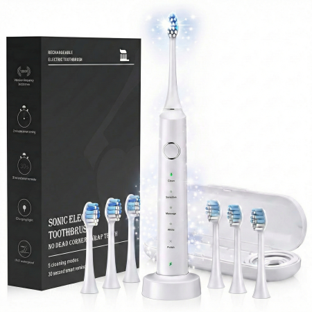 Toate Produsele - Periuță de Dinți Electrică Sonică iBLU smart, Motor Maglev 38.400 VPM, 5 Moduri de Curățare, Timer Inteligent, Pachet Complet cu 6 Rezerve și Toc de Transport, Autonomie 30 Zile, Încărcare Wireless, Waterproof IPX7, Alb