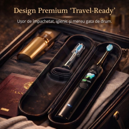 Periuță de Dinți Electrică Sonică iBLU smart™ PRO, Display Digital LCD, Tehnologie Hibridă (Vibrații + Oscilații Ample 60°), Motor Maglev 38.400 VPM, Capăt Anti-Șoc, Baterie 1200mAh (35 Zile), Încărcare USB-C, Pachet cu 6 Rezerve și Toc Transport, Negru [6]