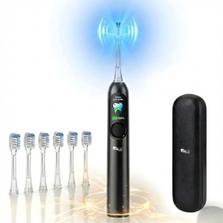 Toate Produsele - Periuță de Dinți Electrică Sonică iBLU smart™ PRO, Display Digital LCD, Tehnologie Hibridă (Vibrații + Oscilații Ample 60°), Motor Maglev 38.400 VPM, Capăt Anti-Șoc, Baterie 1200mAh (35 Zile), Încărcare USB-C, Pachet cu 6 Rezerve și Toc Transport, Negru