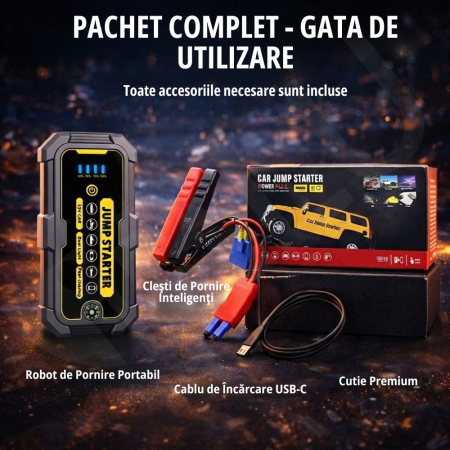 Starter Auto Portabil, 500A–1000A, 6000mAh, Power Bank, Lanternă LED, Protecție Anti-Scântei, Gri/Galben [7]