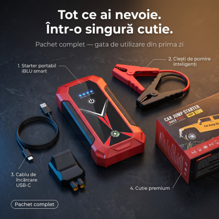 Starter Auto Portabil iBLU smart®, 2000A, 12V, Power Bank integrat, Lanternă LED 4-în-1, Roșu/Negru [5]