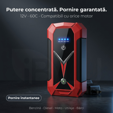 Starter Auto Portabil iBLU smart®, 2000A, 12V, Power Bank integrat, Lanternă LED 4-în-1, Roșu/Negru [2]