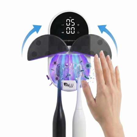 Toate Produsele - Sterilizator UV Inteligent si Suport Periute iBLU smart™ cu Uscare, Functie Touchless (Senzor), Deschidere Automata, Sterilizare Automata Dimineata/Seara, Display LED cu Ceas, Acumulator 2000mAh, Incarcare USB-C, Alb/Negru