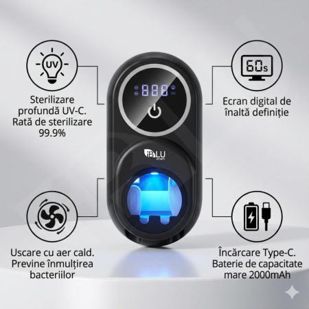 Sterilizator UV si Suport pentru 2 Periute de Dinti iBLU smart™, Deschidere Automata cu Senzor Infrarosu, Uscare Activa cu Ventilator, Sterilizare 99.9%, Display LED, Acumulator 2000mAh, Montaj facil fara gauri, Negru [2]