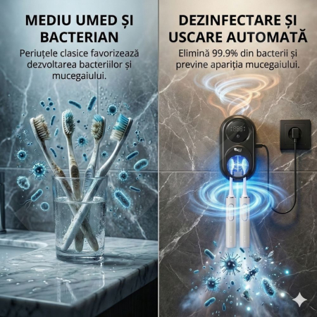 Sterilizator UV si Suport pentru 2 Periute de Dinti iBLU smart™, Deschidere Automata cu Senzor Infrarosu, Uscare Activa cu Ventilator, Sterilizare 99.9%, Display LED, Acumulator 2000mAh, Montaj facil fara gauri, Negru [1]