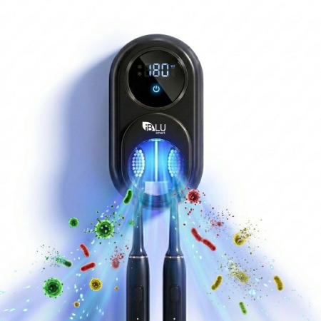 Toate Produsele - Sterilizator UV si Suport pentru 2 Periute de Dinti iBLU smart™, Deschidere Automata cu Senzor Infrarosu, Uscare Activa cu Ventilator, Sterilizare 99.9%, Display LED, Acumulator 2000mAh, Montaj facil fara gauri, Negru