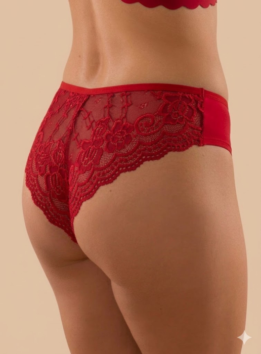 Chiloți Brazilian din Bumbac cu Spate Integral din Dantelă Florală, Rosu (M-XXL) [2]