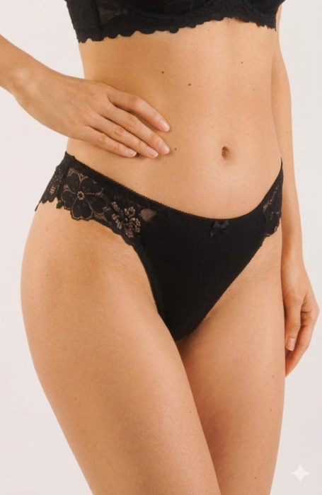 Chiloți Brazilieni Damă cu Dantelă Florală, Negru, Material Fin și Elastic, Negru M-XXL [3]