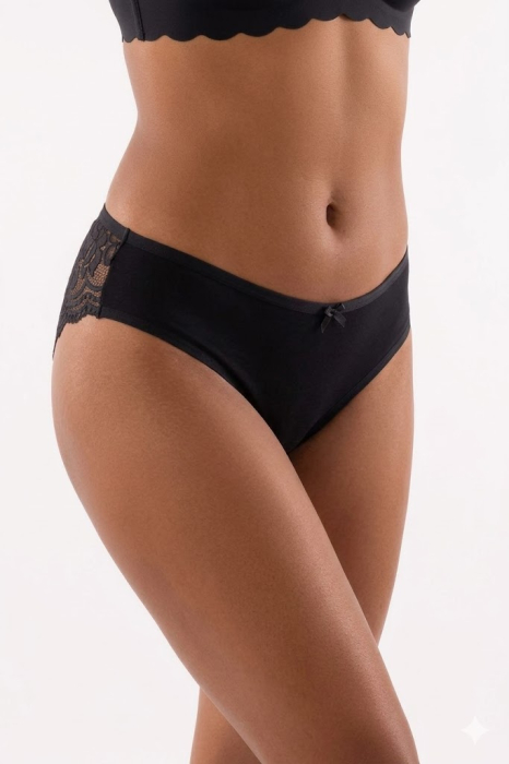 Chiloți Brazilian din Bumbac cu Spate Integral din Dantelă Florală, Negru (M-XXL) [4]