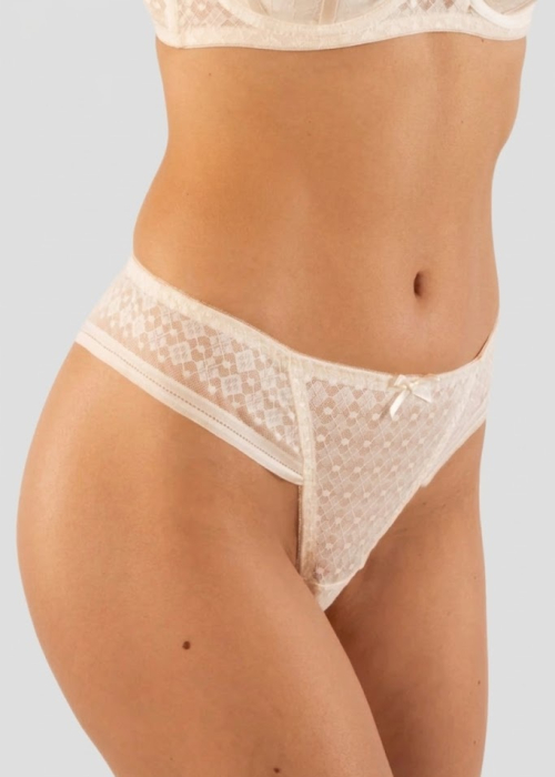 Chiloti Tanga de Lux din Dantelă Elastică, cu Talie Înaltă și Decupaj Generos , Crem S-XL [2]