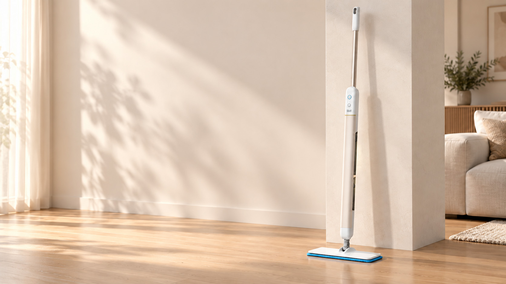 iHunt BRO CleanWave EM1 într-un living luminos, sprijinit de perete, cu talpa pe pardoseală