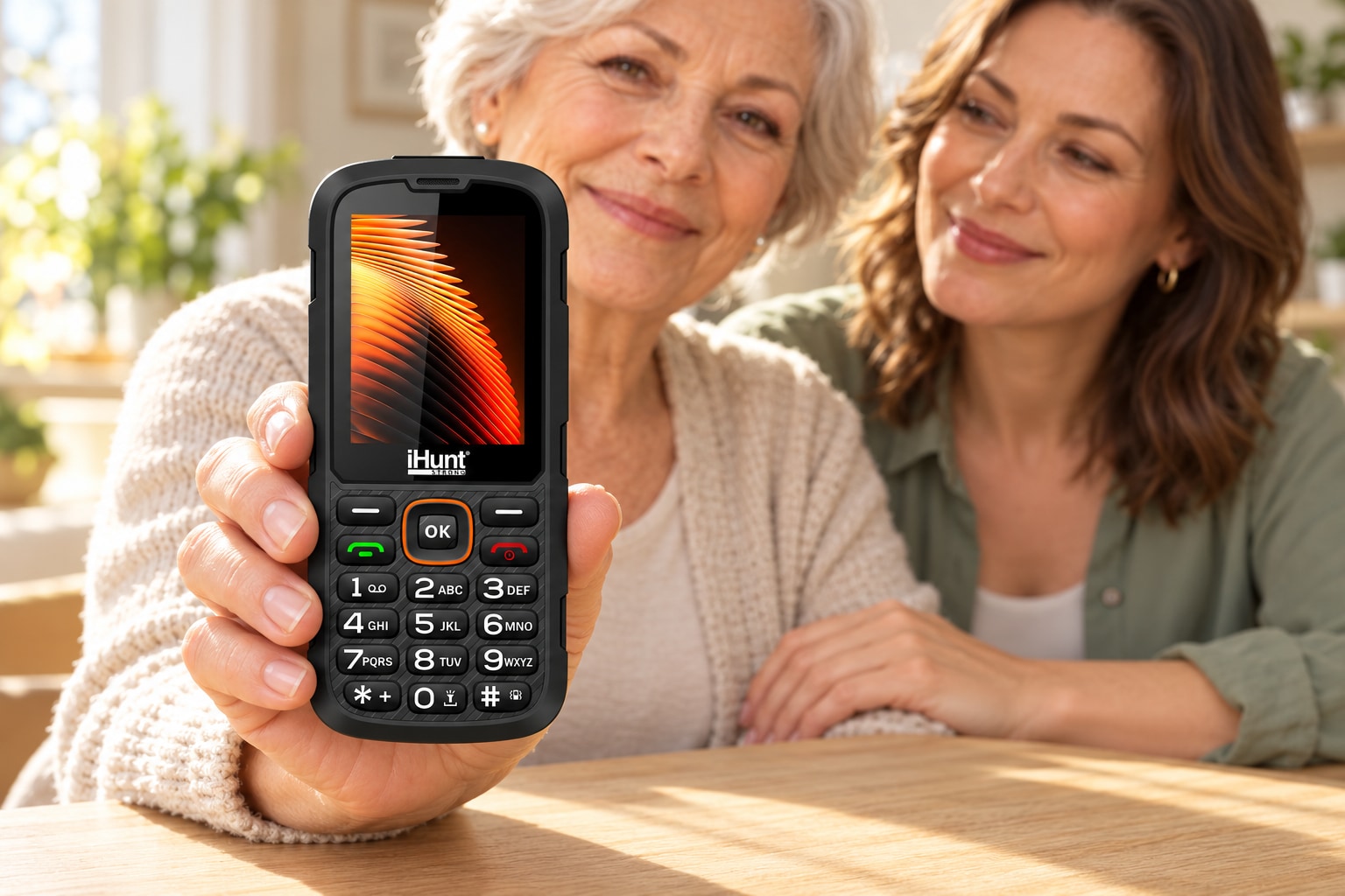 O femeie senior și fiica ei, alături de telefonul iHunt Senior HotSpot 4G