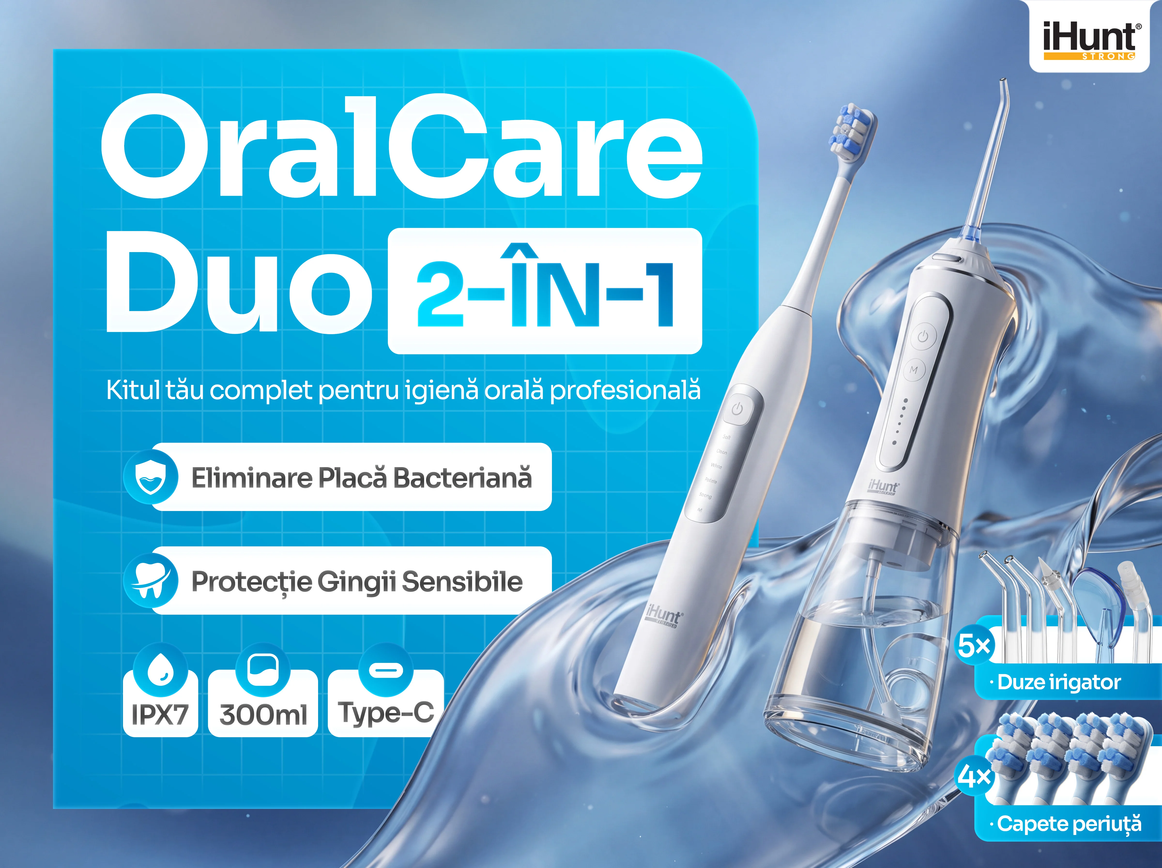 iHunt OralCare Duo 2-în-1 — prezentarea originală a setului, cu periuță sonică și irigator bucal