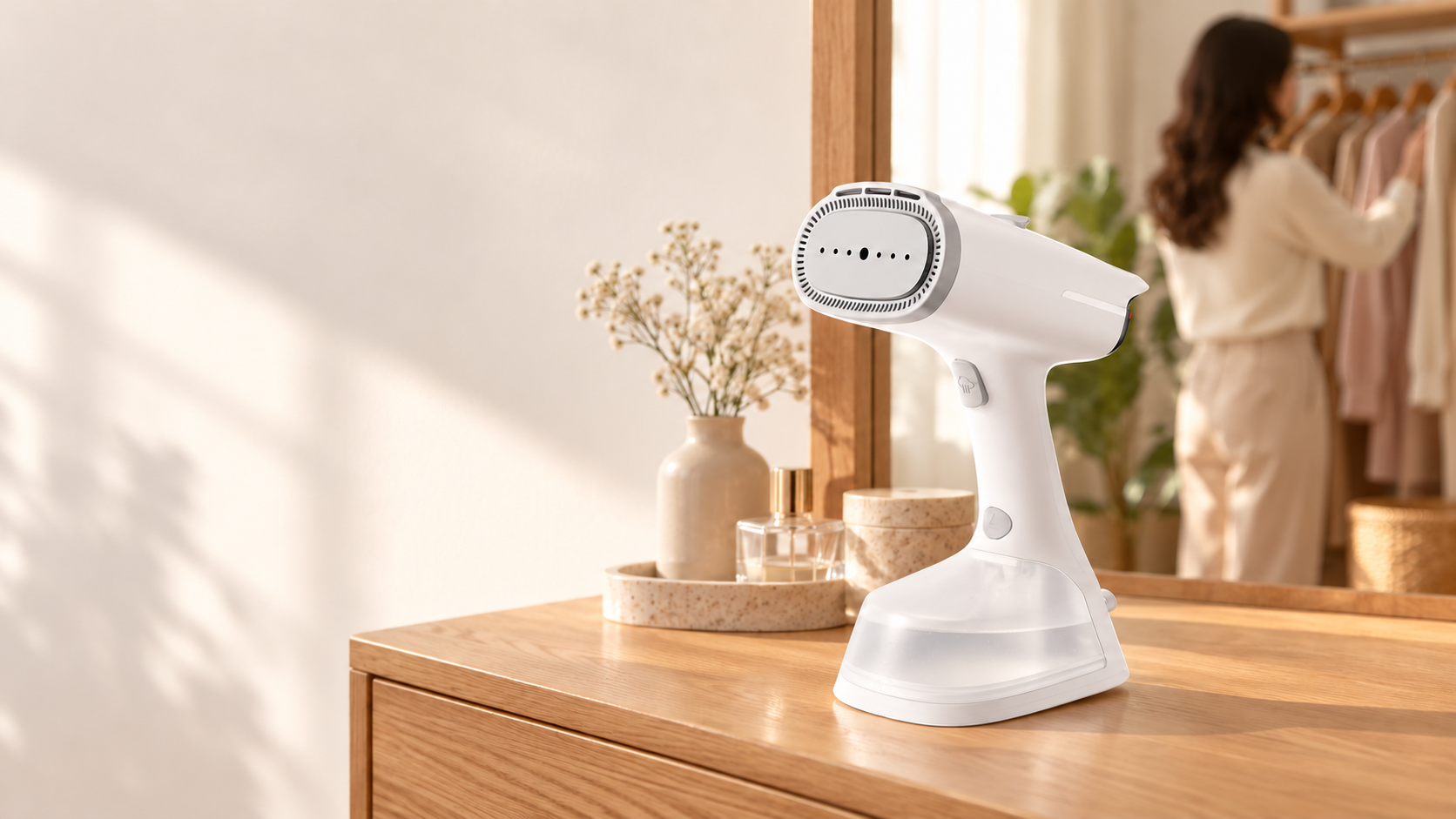 iHunt BRO Iron Steam GS1 pe o comodă, cu rezervor translucid și apă vizibilă discret, într-un dressing luminos