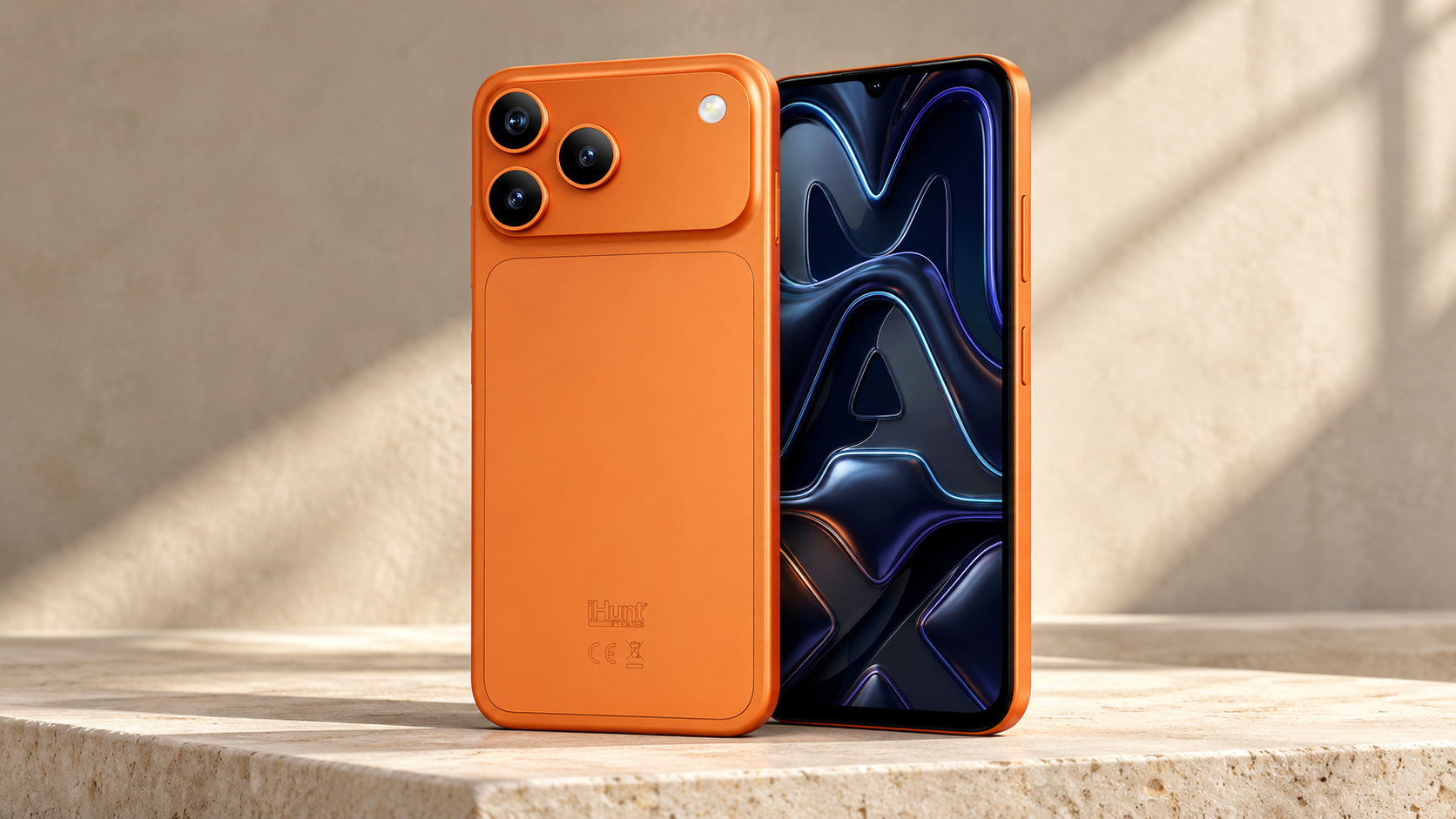 iHunt MAX Orange, față și spate, pe un soclu de piatră deschisă