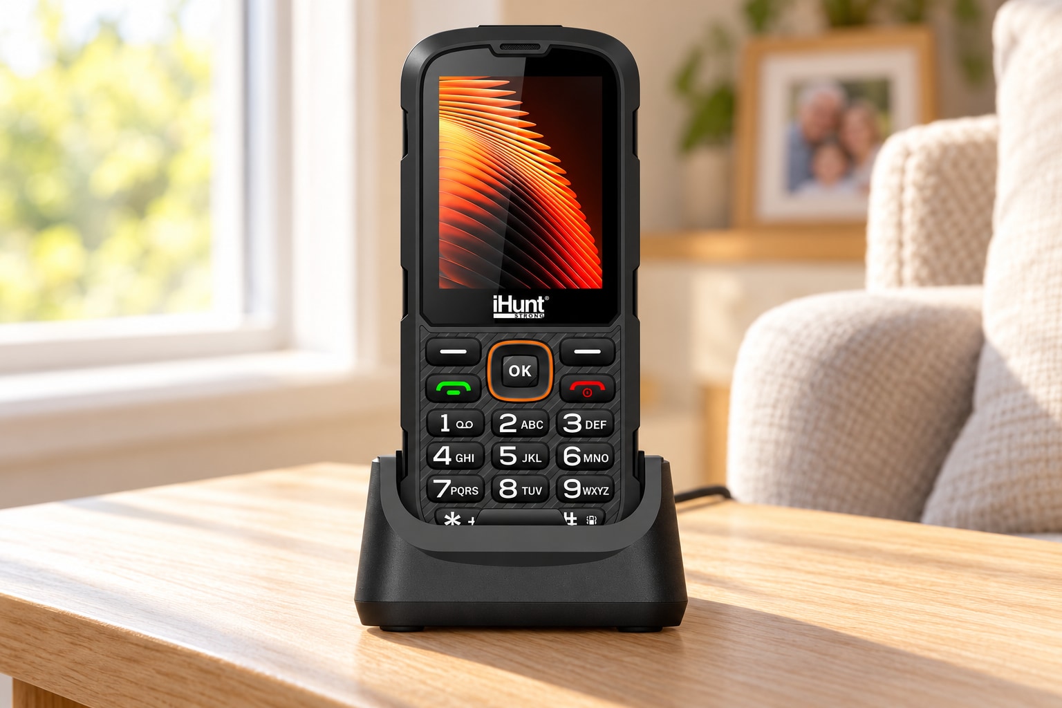 Telefonul așezat în standul de încărcare, pe o masă de acasă