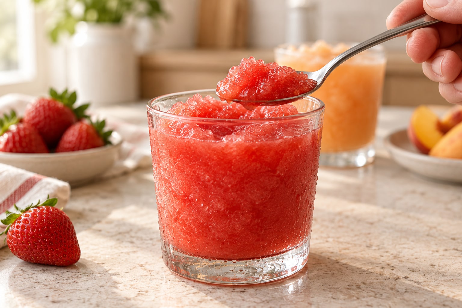 Detaliu de granita cu cristale fine de gheață, într-un pahar și pe linguriță