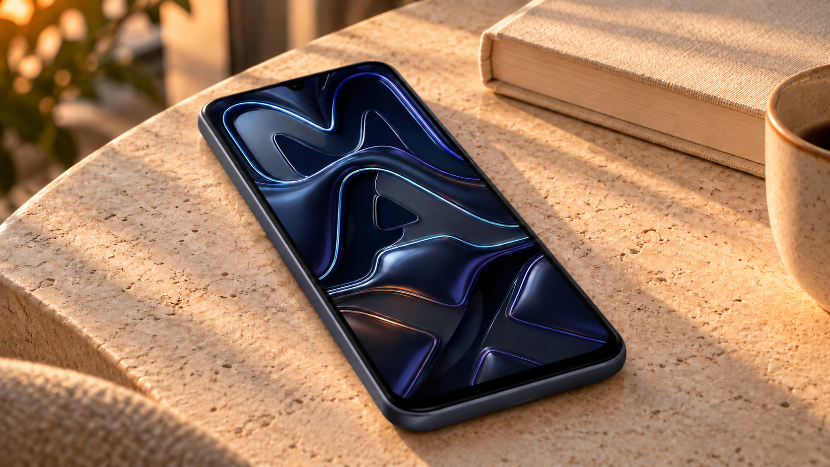 iHunt MAX Midnight Blue pe o masă de piatră, lângă o carte și o ceașcă