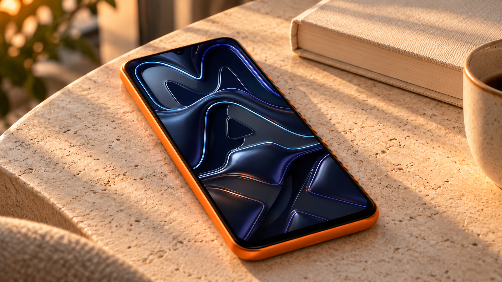 iHunt MAX Orange pe o masă de piatră, lângă o carte și o ceașcă