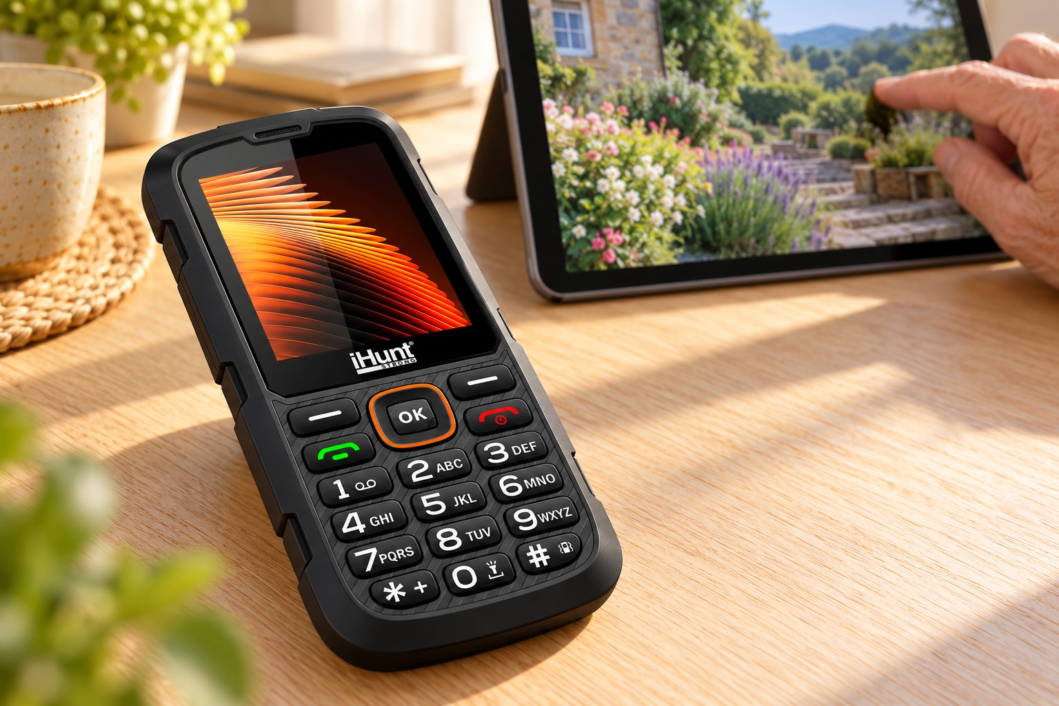 Telefonul iHunt Senior HotSpot 4G lângă o tabletă