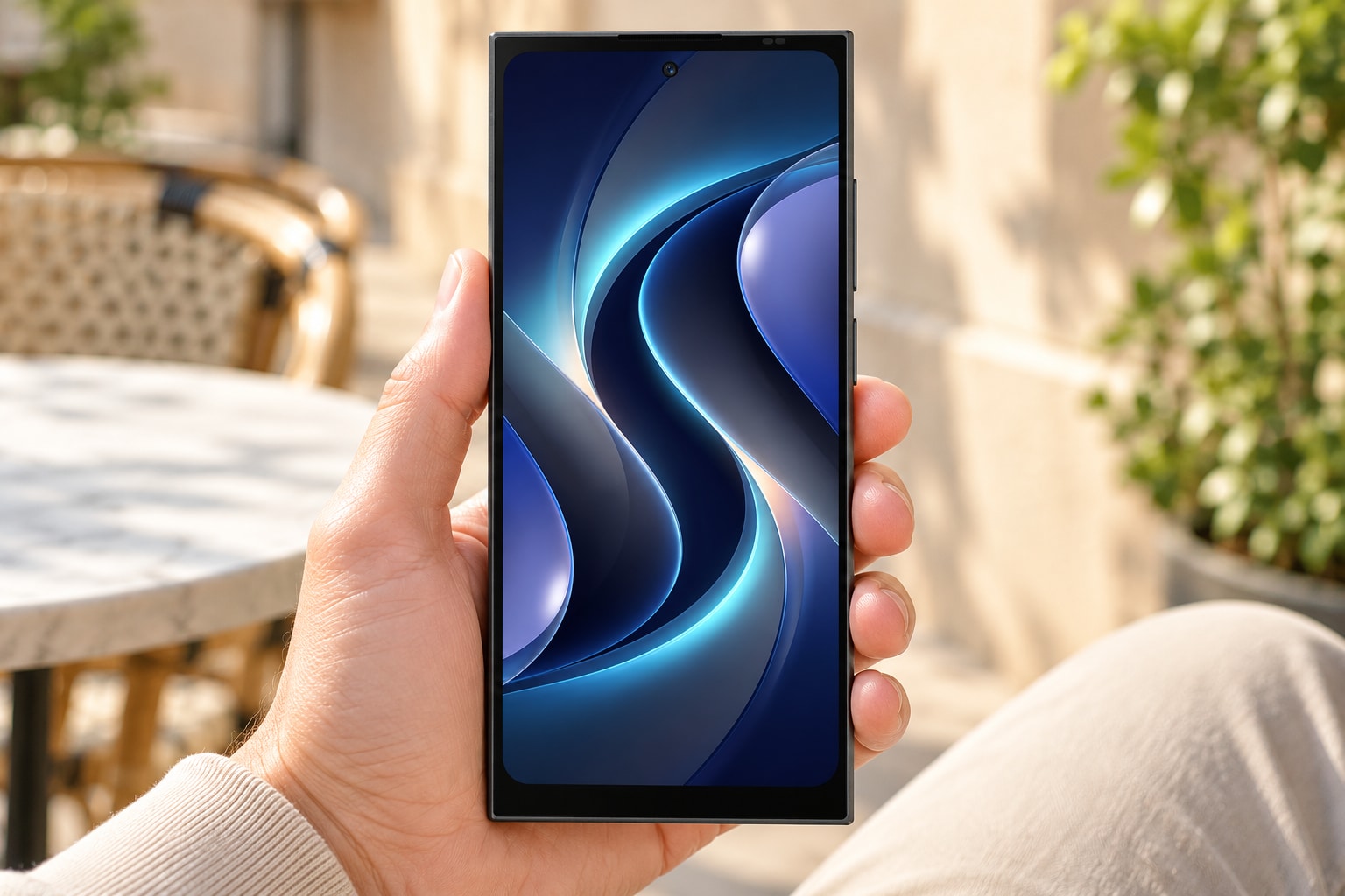 Telefon iHunt S27 Ultra ținut în mână pe o terasă luminoasă