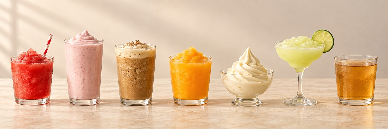 Șapte exemple de servire, de la stânga la dreapta: Slush, Milk shake, Frappe, Suc cu gheață, Înghețată moale, Slush cu alcool și Băuturi reci