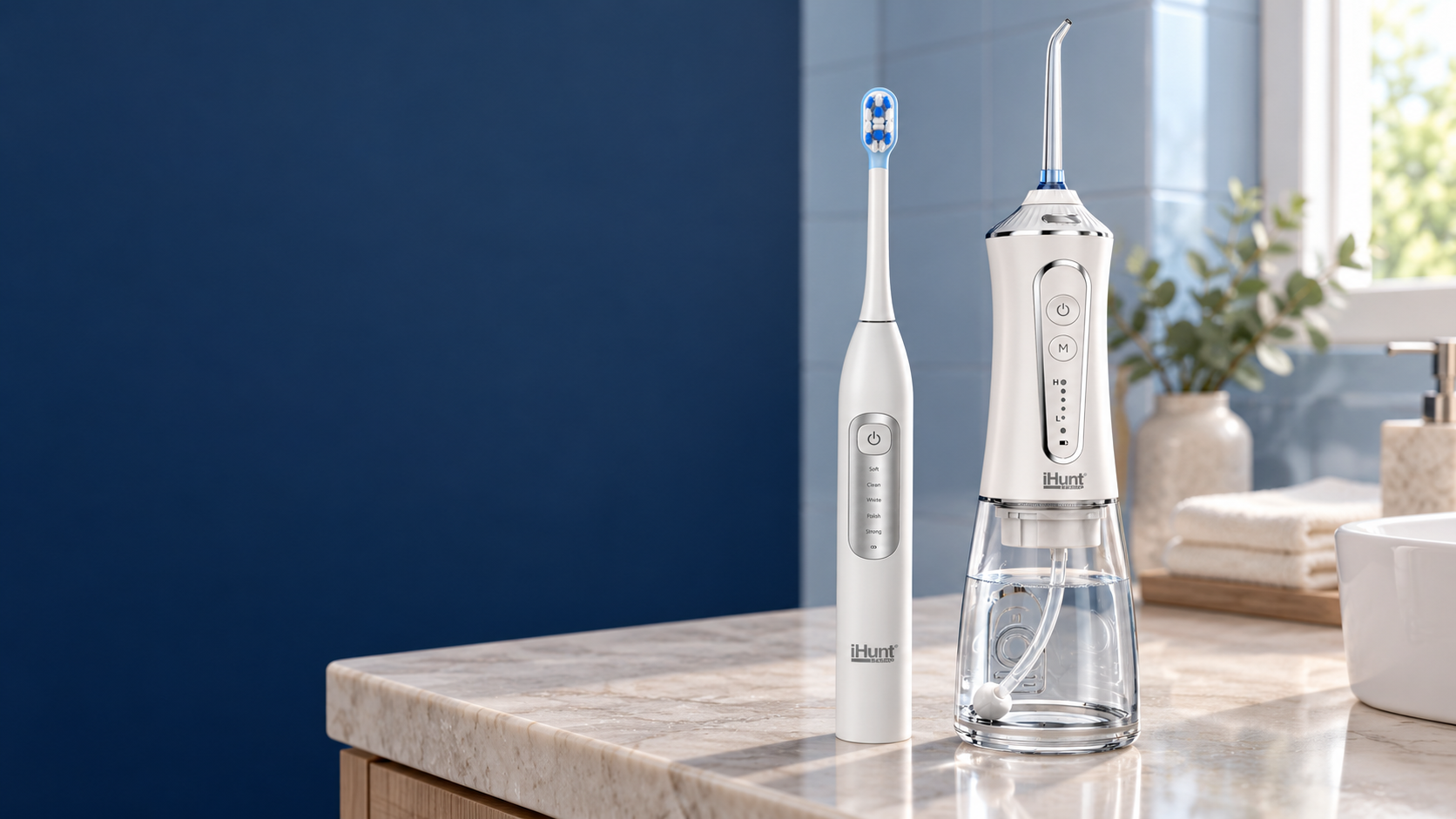 Setul OralCare Duo pe un blat de baie, cu reflexii naturale și apă vizibilă în rezervorul transparent
