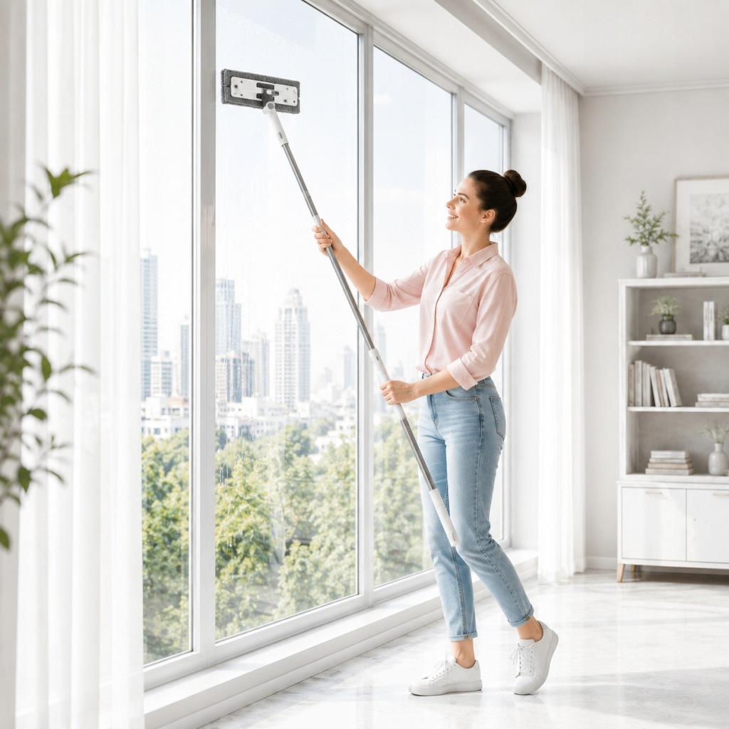 Curățător geamuri 2 în 1 cu mâner telescopic