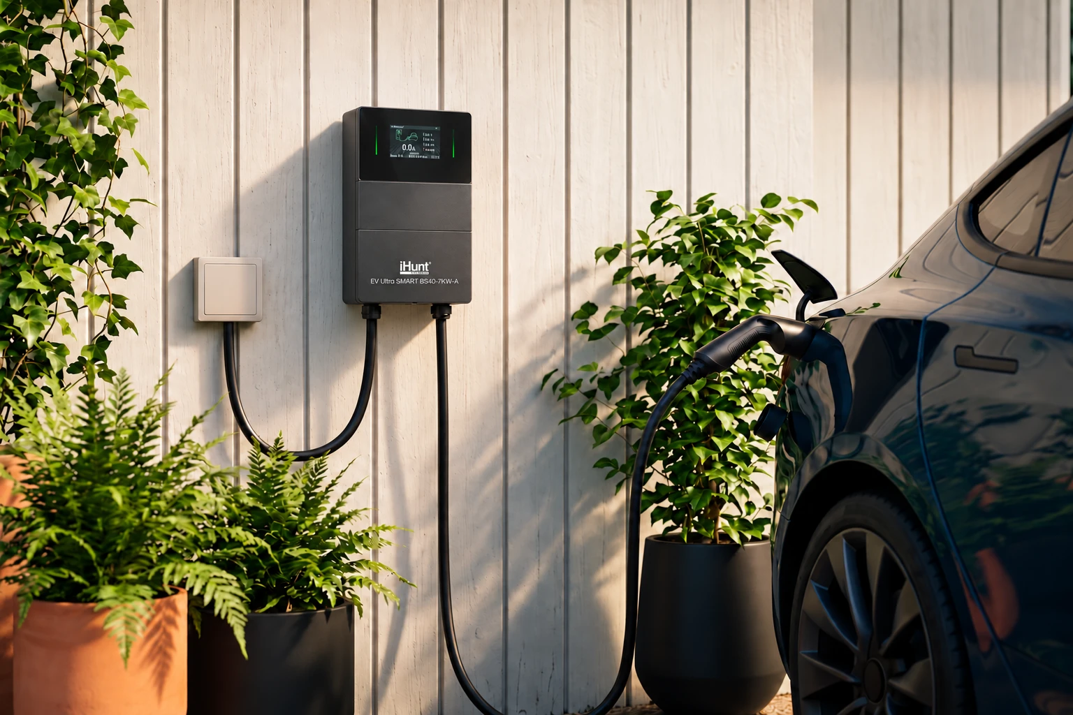 iHunt BS40 montată pe peretele unei locuințe, conectată prin cablu Type 2 la un automobil electric