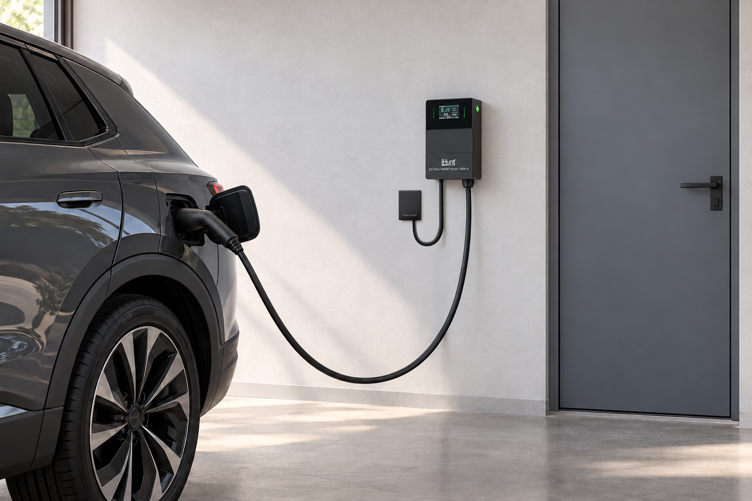 Stația compactă iHunt BS40 montată pe peretele unui garaj luminos, lângă un automobil electric